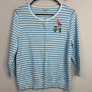 Talbots‎ Sweater Womens Petite Large Blue White Striped Flamingo Preppy Cardigan